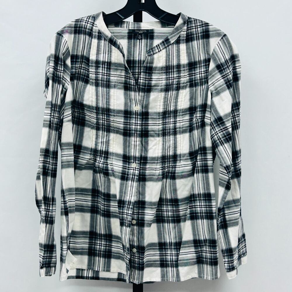Talbots Women’s Button Down Blouse Shirt Size M Petite Black Plaid Long Sleeve
